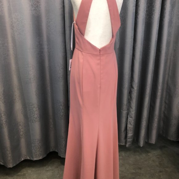 New Dessert Rose Crepe Dress, Halter Keyhole Back Bridesmaid Formal Leg Slit - Picture 11 of 14